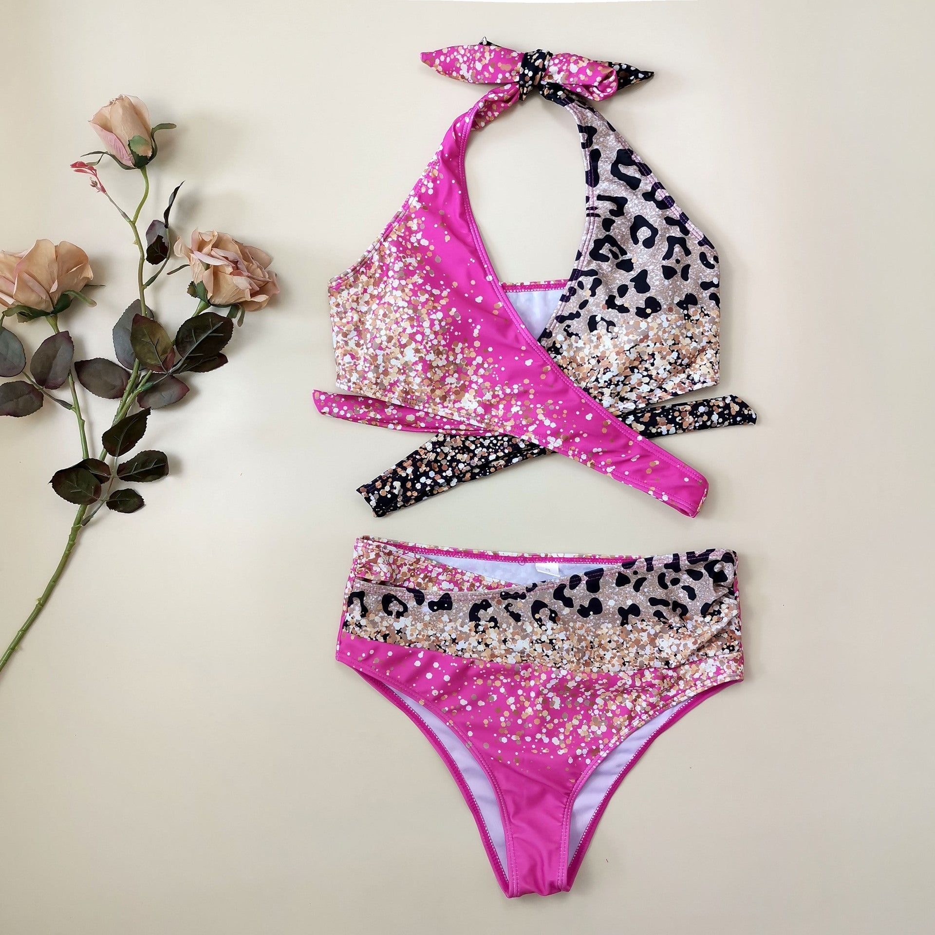 Popular Women Swimsuit Cross Leopard Print Sequin Gradient Bikini Bella Mia